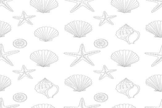 Minimalist line art illustration of a seamless ocean pattern with starfish and various seashells on a clean white background, a simple design vector