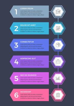 Infographic template with six options or steps with place for icons and text, dark background vector