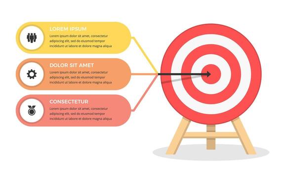 Infographics of your goal, red target with three elements for your icons and text vector