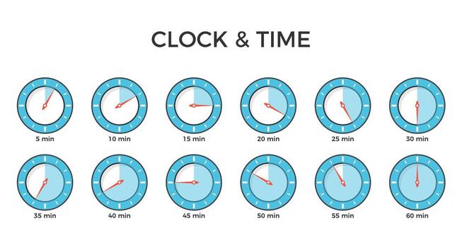 Blue clock icons with different time, flat design vector