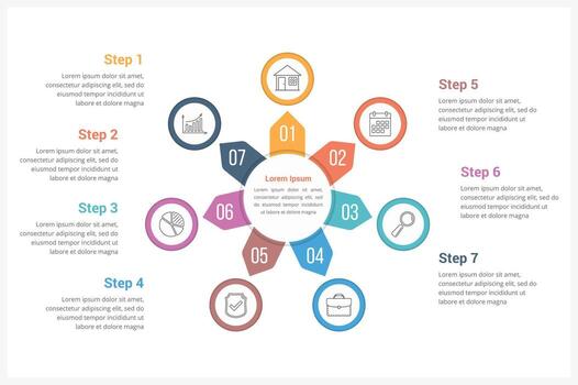 Circle infographics template with 7 elements, can be used as process diagram, steps, options vector