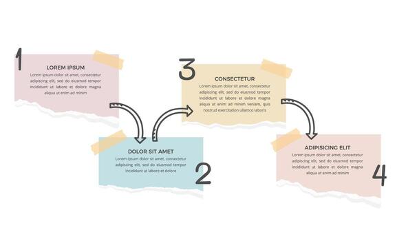 Infographic template with 4 options with paper notes and hand drawn arrows vector
