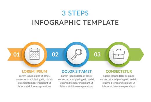 Infographic template with arrows with 3 circles with icons and text, process chart, workflow vector