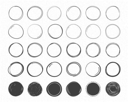 Set of hand drawn circles, round shapes and objects, doodle style vector