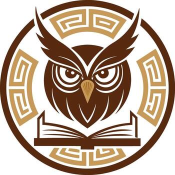 Wise owl reading a book emblem with ancient greek key pattern vector