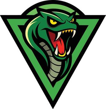 Aggressive green cobra head emblem with sharp fangs and open mouth vector