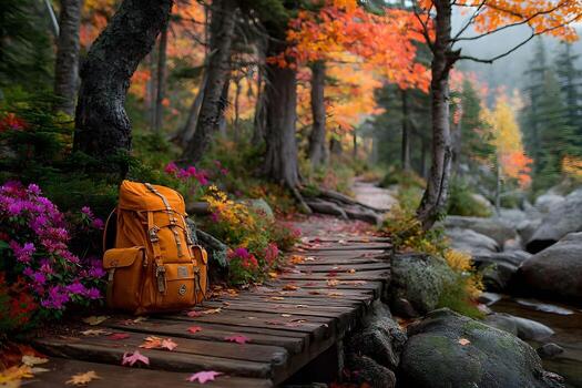 Autumn Hiking Adventure in Vibrant Forest Landscape photo