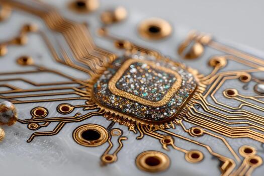 Futuristic Microchip Design with Gold Circuitry and Embedded Crystals for Technology Innovation photo