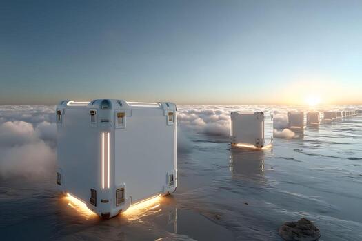 Futuristic Cargo Crates on Reflective Surface in Cloudscape at Sunrise, Concept of Advanced Technology photo