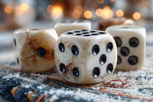 Rustic Dice on Textured Surface with Warm Bokeh Lighting photo