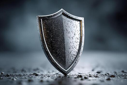 Shield Symbolizing Strength and Security on Wet Surface for Conceptual Design photo