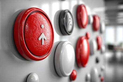Close-Up of Elevator Buttons with Red and White Symbols for Modern Interior Design photo
