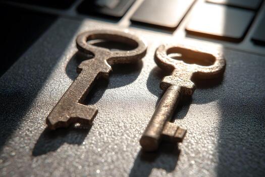 Old-Fashioned Keys on Laptop Keyboard - Concept of Digital Security and Access photo