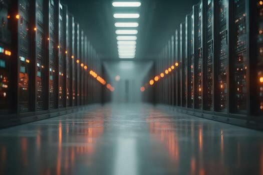 Modern Data Center with Illuminated Servers Technology and Networking Concept for IT Solutions photo