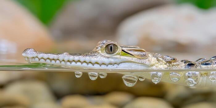 A young crocodile floats at the waters surface with its eye and sharp teeth visible and small bubbles reflecting below its head photo