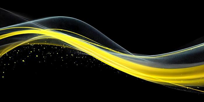 Bright yellow glowing waves and sparkling particles create an elegant abstract design on a black background photo