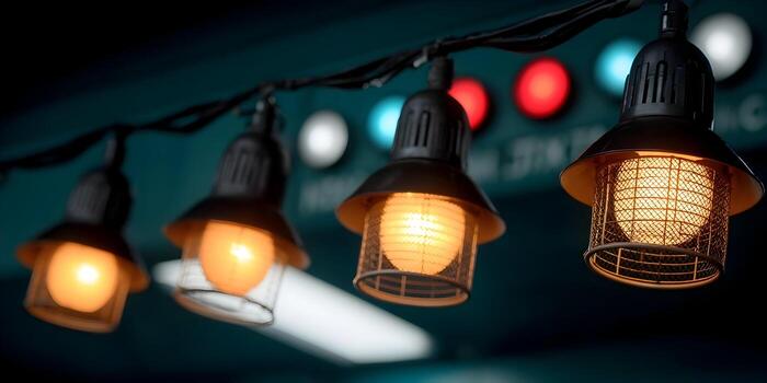 A close up view of warm string lights with protective cages hanging against a blurred background of colorful lights photo
