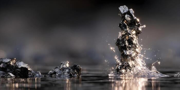 A dramatic metallic liquid splash rises from a dark reflective surface creating shimmering droplets photo