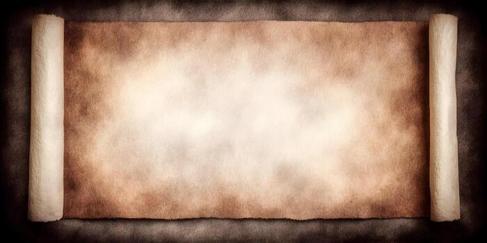 An old blank parchment scroll is unrolled on a dark textured background offering copy space photo