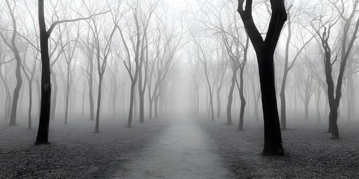 A mysterious path leads through a dense fog filled forest with bare trees and fallen leaves creating an eerie and atmospheric winter scene photo