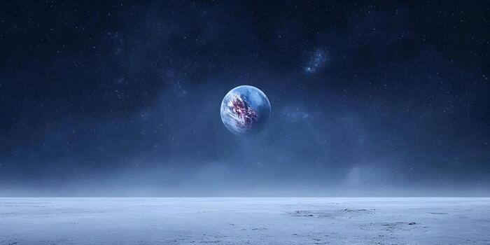 A distant blue and red planet floats above a cold desolate frozen plain with a starry deep space background photo
