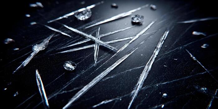 Bright reflective scratches and shiny particles stand out on a dark textured surface in an abstract close up photo