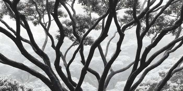 Gnarled tree branches create an intricate abstract pattern in black and white photo
