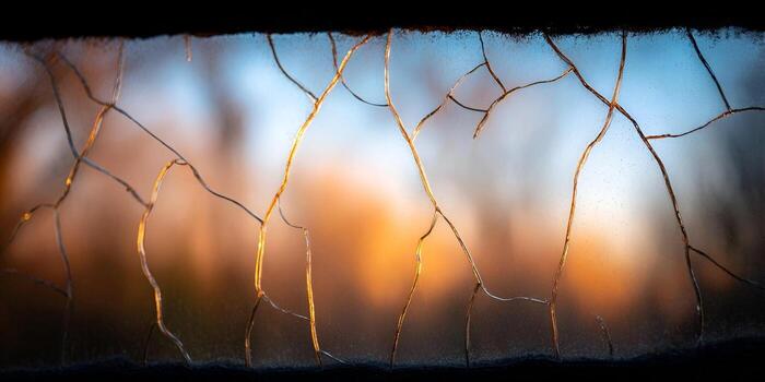 Golden light highlights intricate cracks in a frosted windowpane creating an abstract texture against a soft orange and blue background photo