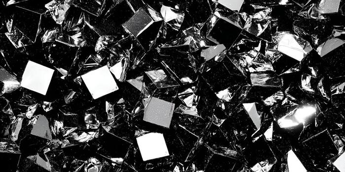 A close up abstract pattern of shiny black and white shattered reflective pieces forms a dynamic high contrast background photo