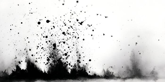 Dynamic black ink splatters with flying birds on a textured white background photo
