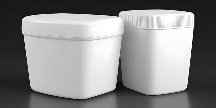 Two white rectangular containers with blank labels are shown in a studio setting against a dark background photo