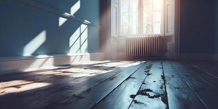 Sunlight streams through a window illuminating a rustic wooden floor in an empty room photo
