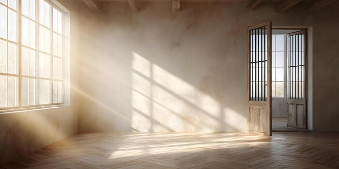 Sunlight streams through a large window illuminating an empty rustic room with herringbone wood floor and open double doors photo