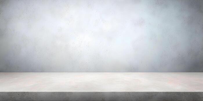 An empty gray concrete display table stands against a textured light gray concrete wall background creating a modern minimalist scene photo
