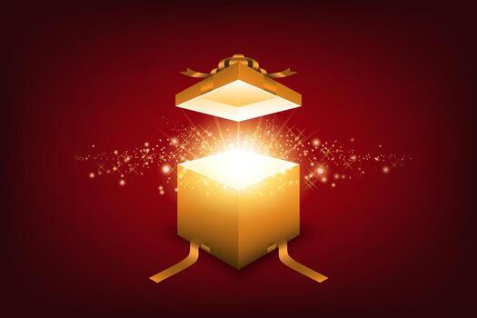 brillante mágico dorado regalo caja con espumoso ligero y reluciente partículas en rojo antecedentes ilustración vector