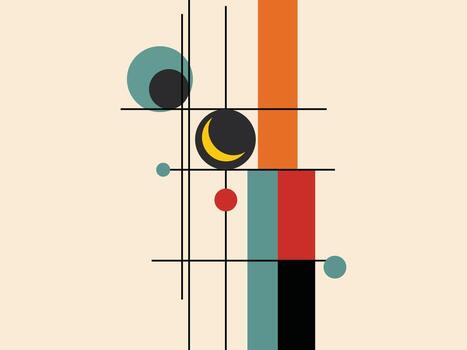 ilustración de resumen geométrico composición con círculos, creciente luna, y vertical rayas en un medio siglo moderno estilo, limpiar y minimalista diseño vector