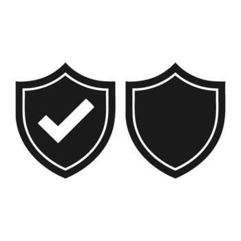 negro seguridad proteger íconos con y sin cheque marca, proteccion y verificación símbolos en blanco antecedentes vector