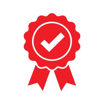 Red award ribbon icon with check mark, quality certification or guarantee badge isolated on white background vector