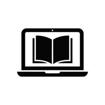 Laptop displaying open book icon in black on a white background vector