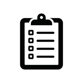 Black clipboard icon with checklist boxes and lines on a white background vector