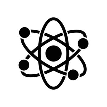 Black atom model icon showing atomic structure with orbiting electrons on white background vector