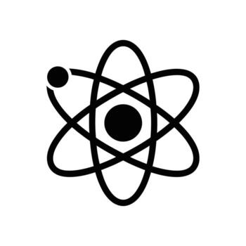 Black icon depicting atom structure with orbiting electron on white background vector