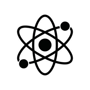 Black atom icon with orbiting electrons isolated on white background design element vector