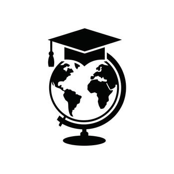 Global education icon black mortarboard cap on earth globe, on white vector