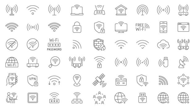 WiFi Line Icon Set. A Collection Of 54 Editable Stroke Icons Depicting Wireless Signals, Routers, Connections, Passwords, And Networks. Perfect For Technology, Communication. Isolated Symbols. vector