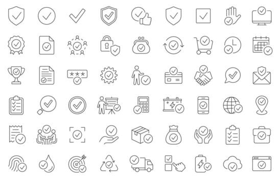 Checkmark Line Icon Set. A Collection Of 54 Editable Thin Line Stroke Checkmark Icons Representing Approval, Success, Verification, And Tasks. Perfect For Business, Project Management, Websites vector