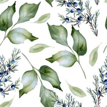 Juniper branches, holly leaves, and berries seamless watercolor pattern isolated. Coniferous greenery in soft sage green hand drawn. Delicate evergreen twigs for botanical backgrounds, design fabric. vector