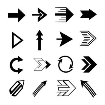 Diverse arrow collection pointing forward direction and movement vector