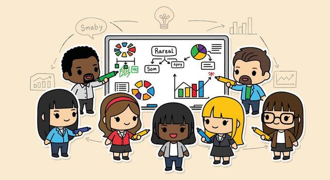 Diverse Business Team Brainstorming. Cute cartoon characters in a strategic meeting with a whiteboard and data charts. vector