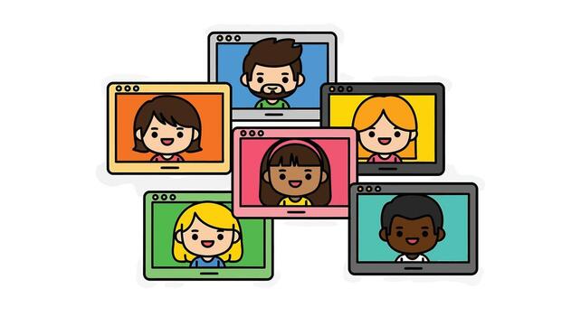 Virtual meeting of diverse people in a call. Cute cartoon characters for remote work or e-learning concept. vector